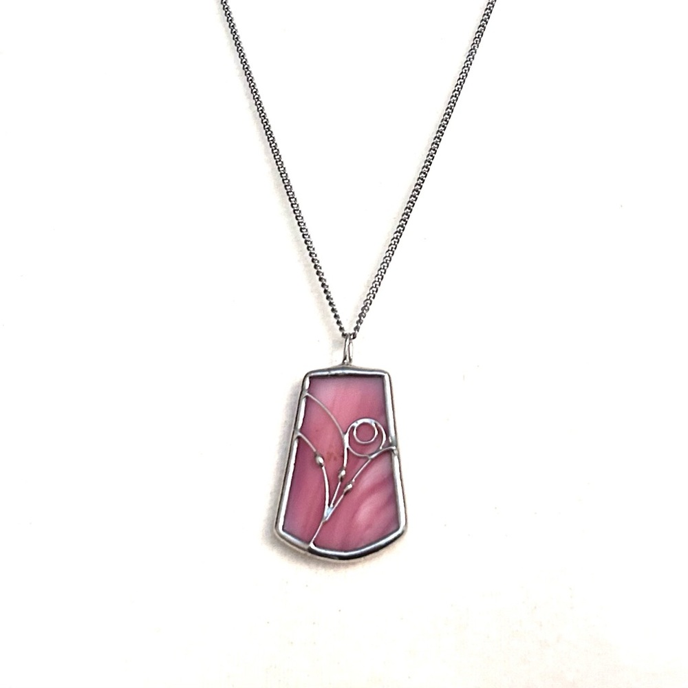 Vintage Pink Stain Glass Pendant Necklace